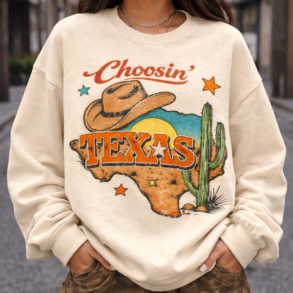 Retro Distressed Choosin' Texas T-Shirt, Vintage Country Music Concert Shirt, Western Graphic Lone Star Tee, Faded Texas Pride Apparel, Cowboy Style Music Festival Top
