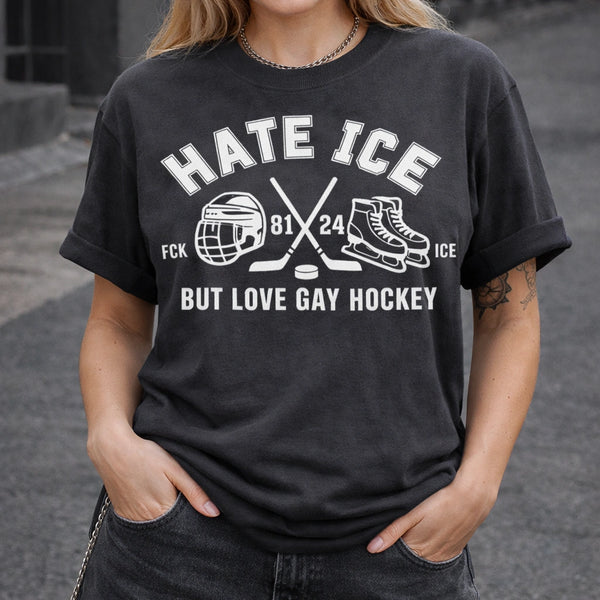 Hate Ice But Love Gay Hockey Crop Top, Queer Athlete T-Shirt, LGBTQ Pride Sports Tee, Funny Political Hockey Gift, Gay Pride Tee