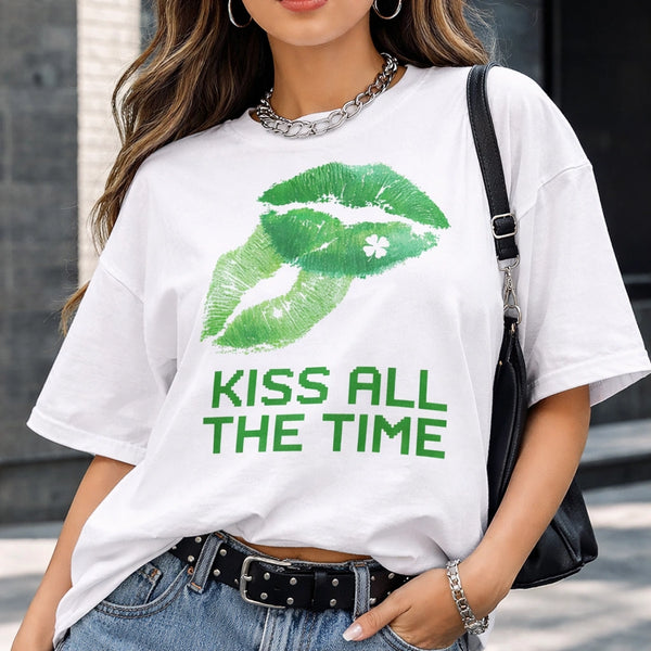 Kiss All The Time St. Patrick's Day Shirt, Funny Irish Kiss Tee, Lucky Shamrock Graphic T-Shirt, St. Paddy's Day Flirty Slogan Top, Green Beer Festival Apparel, Kiss Me I'm Irish Inspired Shirt