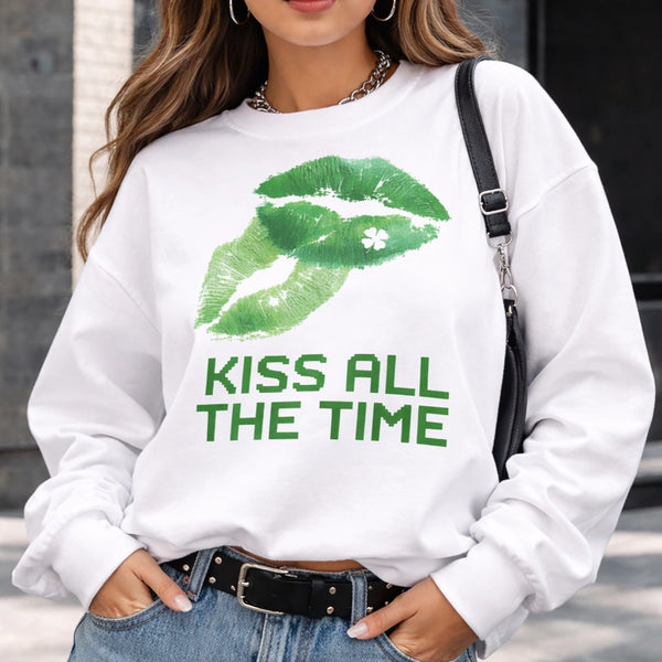 Kiss All The Time St. Patrick's Day Shirt, Funny Irish Kiss Tee, Lucky Shamrock Graphic T-Shirt, St. Paddy's Day Flirty Slogan Top, Green Beer Festival Apparel, Kiss Me I'm Irish Inspired Shirt