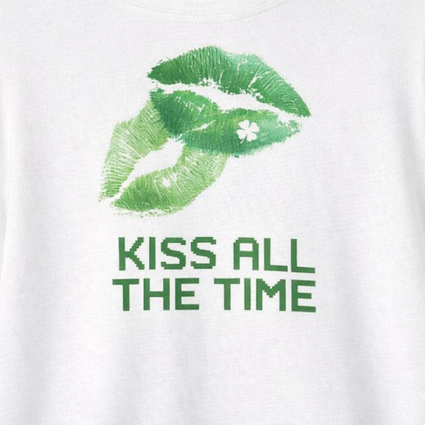 Kiss All The Time St. Patrick's Day Shirt, Funny Irish Kiss Tee, Lucky Shamrock Graphic T-Shirt, St. Paddy's Day Flirty Slogan Top, Green Beer Festival Apparel, Kiss Me I'm Irish Inspired Shirt