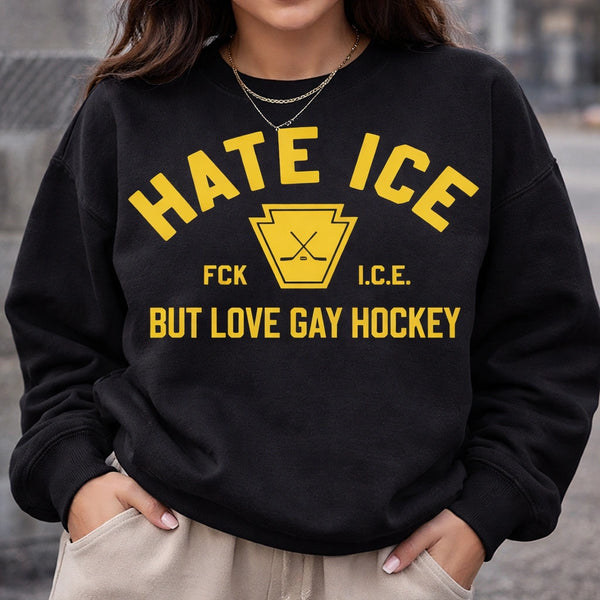 Hate ICE Love Gay Hockey Shirt, Queer Athlete Activism Tee, Anti-ICE Political Protest Top, LGBTQ+ Pride Hockey Rivalry T-Shirt, Sports Fan Graphic Shirt, Human Rights Hockey Apparel