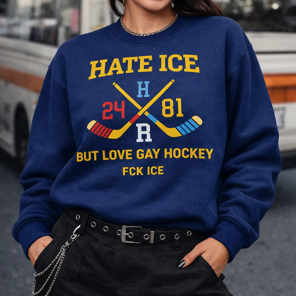 Hate Ice But Love Gay Hockey Shirt, Queer LGBTQ Pride Sports Tee, Funny Political Hockey Gift, Gay Pride Cropped Tee, Progressive Queer Hockey Apparel