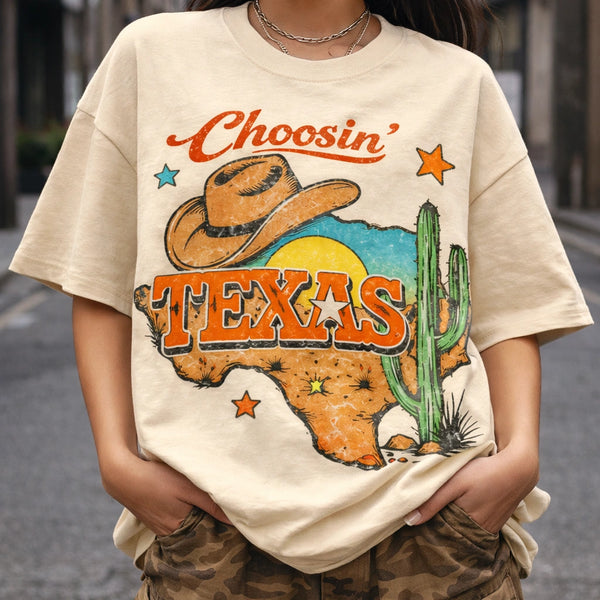 Retro Distressed Choosin' Texas T-Shirt, Vintage Country Music Concert Shirt, Western Graphic Lone Star Tee, Faded Texas Pride Apparel, Cowboy Style Music Festival Top