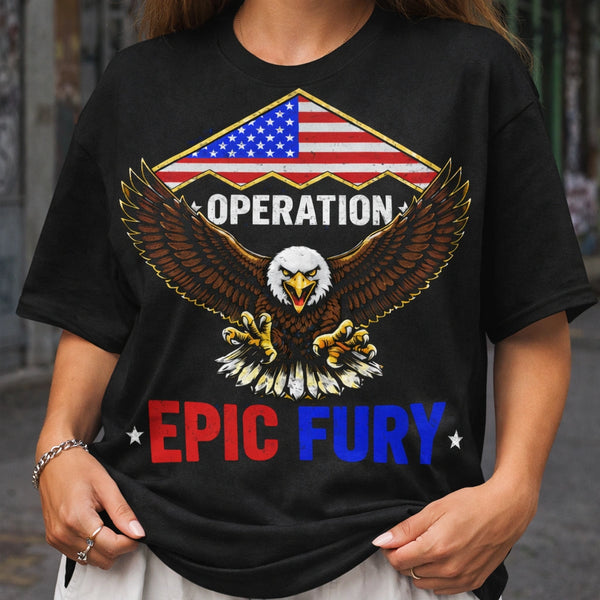 Operation Epic Fury Shirt, Fictional Military Eagle Emblem Tee, Patriotic Lightning Graphic T-Shirt, Tactical Special Ops Style Top, American Eagle Combat Inspired Apparel, Men's Patriotic Graphic Shirt