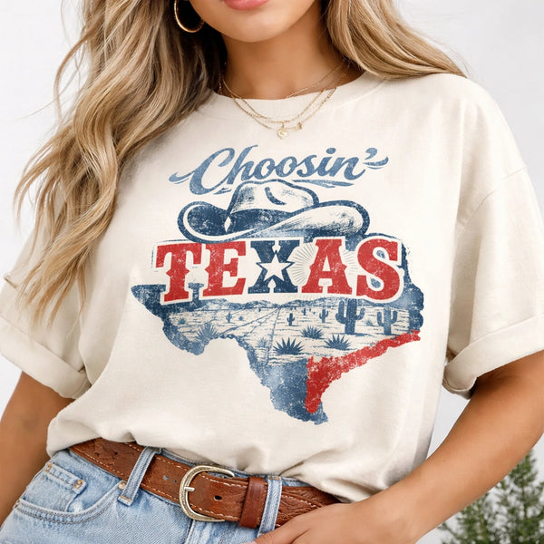 Choosin' Texas T-Shirt, Vintage Lone Star State Pride Tee, Western Texas Graphic Shirt, Texan Pride Wear Outfit, Country Lifestyle Top, Retro Cowboy Style Texas Tee